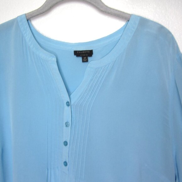 Talbots Sz 20 Solid Light Blue 100% Silk Tunic Blouse Top Pintuck Henley Button - Picture 2 of 9